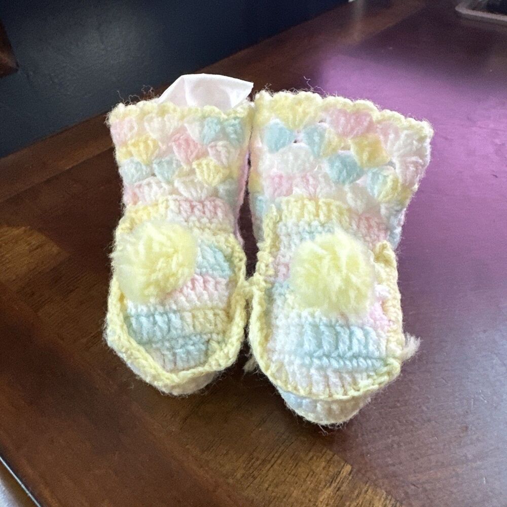 Vintage Handmade Pastel Colored Crochet Baby Booties with Pompom on Top